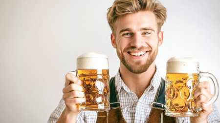 A joyful young man in traditional Bavarian attire lifts two mugs of foamy beer, radiating happiness during a festive celebration, capturing the essence of Oktoberfest.の素材