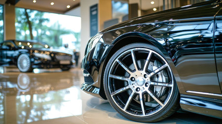 A sleek black luxury car stands prominently in an upscale showroom, highlighting its shiny chrome wheels under elegant natural light and stylish decor.の素材