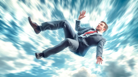 A businessman in a suit plummets through a cloudy sky, captured with high-definition clarity, showcasing motion and a striking office environment in the background.の素材