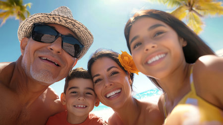 Lively family members share a carefree day at the beach, playing together and celebrating their bonds amid the tropical sun and gentle waves.の素材