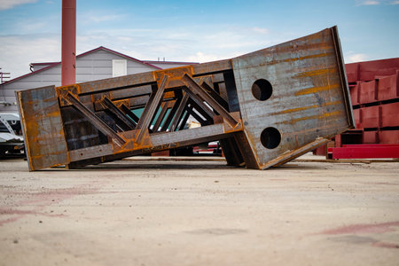 Large metal structures rest on the ground at an industrial facility, emphasizing heavy fabrication and structural storage in an organized layout.の写真素材