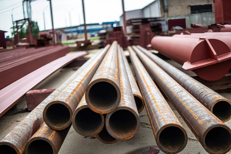 Rusty pipes and metal components are lined up at the industrial site, highlighting the storage of construction materials in a plant setting.の写真素材