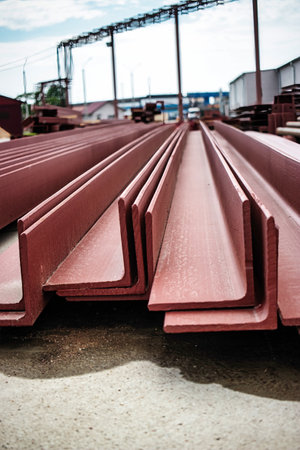 Metal beams and structures are neatly piled at an industrial site, reflecting the sunlight as workers prepare for upcoming construction activities.の写真素材