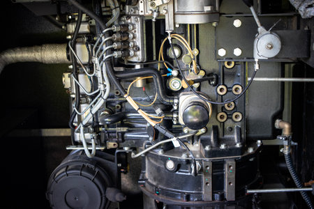 A detailed view of a modern pumping station engine showing various components designed for optimal performance in utility operations.の写真素材