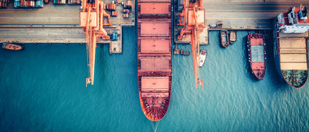 Cargo are actively ships being loaded and unloaded in a busy port, showcasing cranes and containers against a bright blue water backdrop on a sunny day.の素材