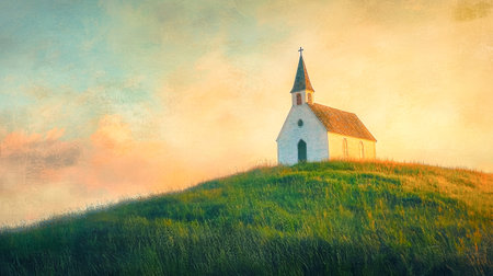 A quaint white church rises above a hill, illuminated by a warm sunrise, evoking a serene and rustic atmosphere.の素材
