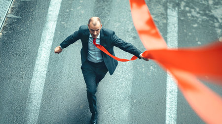 A businessman in a suit sprints towards the finish line, breaking through a red ribbon, symbolizing victory in competition on a city street.の素材