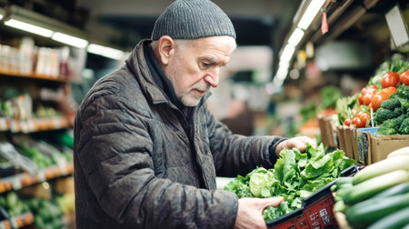 A well-dressed older man carefully examines fresh vegetables in a grocery store, enjoying the process of selecting the best produce for his meal.の素材