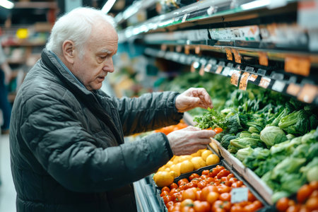 An older man inspects organic vegetables in a grocery store, carefully selecting fresh produce amidst colorful displays, enjoying a shopping trip.の素材