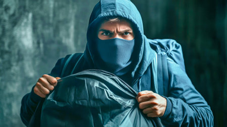 A burglar wearing a balaclava and blue hoodie is captured carrying a large bag from an apartment while looking directly at the camera.の素材