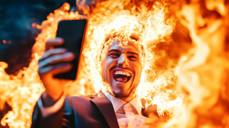 A suited man laughs joyfully in a selfie amid flickering flames, embodying joy in chaotic moments.の素材