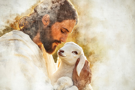In a serene moment, Jesus dressed in white cradles a lamb with compassion, surrounded by soft watercolor tones and minimalistic beauty.の素材