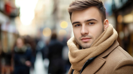 A fashionable young man adorned in a warm coat and scarf poses confidently on a lively urban street while capturing the viewer's attention.の素材