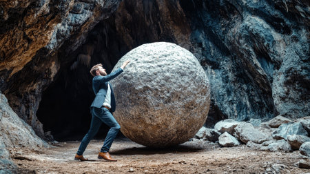 An adult businessman in formal attire struggles to push a large stone ball in a dark cave, symbolizing obstacles and perseverance against a rugged backdrop.の素材
