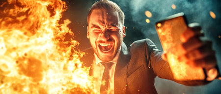 A man in a suit joyfully takes a selfie as flames surround him, creating an intense and chaotic atmosphere that contrasts with his smile.の素材