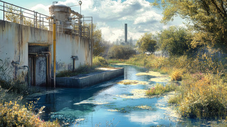 The treatment plant is nestled alongside a clear river flowing through lush surroundings, blending nature and industry harmoniously.の素材