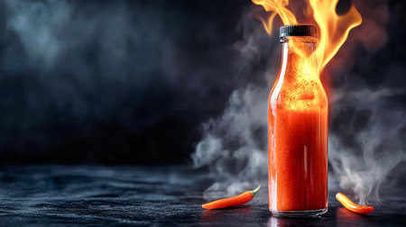 A vivid glass hot sauce bottle releases steam and flames, set against a monochrome backdrop, embodying culinary adventure.の素材