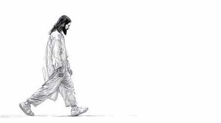 A serene figure of Jesus walks gracefully with distinctive features, captured in a conceptual line art style against a minimalist backdrop.の素材