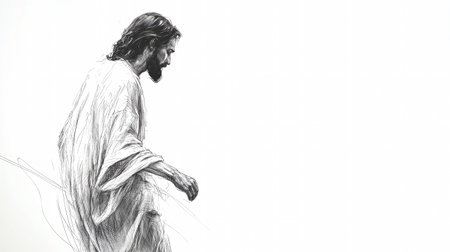 Jesus is depicted walking in a thoughtful manner, surrounded by a minimalistic white canvas that emphasizes his serene presence.の素材