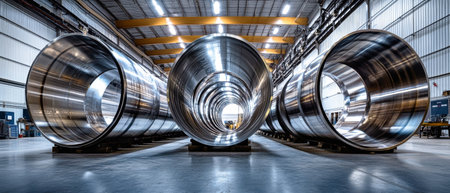 Brightly lit warehouse features large stainless steel coils arranged neatly, highlighting the sheet metal manufacturing process in action.の素材
