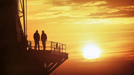 Two oil and gas workers silhouette against a vibrant sunrise on a drilling rig, capturing industry at dawn in photorealistic detail.の素材