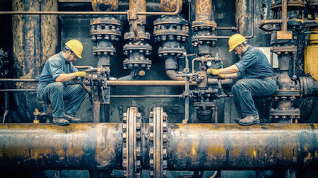 Two engineers diligently repair complex pipework at an oil refinery, emphasizing teamwork in an industrial setting.の素材