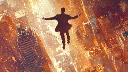A businessman maintains his balance on a tightrope, reflecting the challenges of work-life balance amid a stunning urban backdrop during twilight.の素材