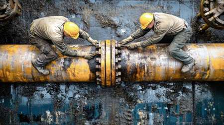 Two engineers in overalls and hard hats diligently repair industrial pipes at a gas facility, ensuring safe operations.の素材