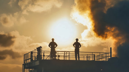 Two silhouettes of oil workers stand on a drilling rig, framed by a vibrant morning sky filled with sunbeams and smoke from a flare.の素材