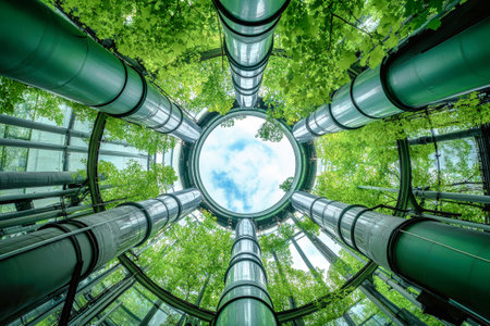 A blend of green foliage and industrial pipes highlights eco-friendly practices beneath a clear sky.の素材
