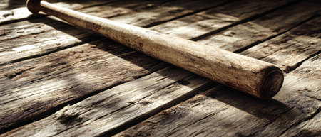 A classic baseball bat and glove rest on worn wood planks beside a nostalgic photograph capturing a game in action.の素材