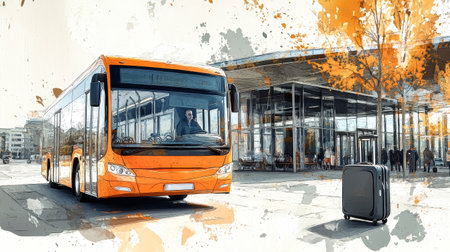 A sleek airport bus parked nearby with a suitcase beside it, showcasing a blend of watercolor elements in a modern urban setting.の素材