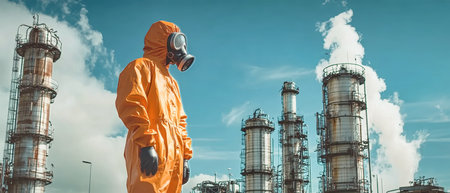 A man dressed in protective gear stands with caution in front of a chemical plant, taking in the industrial landscape under a bright sky.の素材