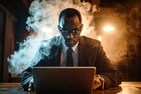 An African American businessman is focused on his laptop, surrounded by smoke in a dark room, highlighting his determined expression.の素材