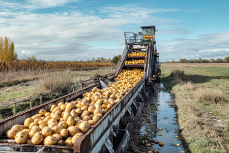 An industrial machine efficiently washes yellow potatoes while surrounded by lush potato fields and a clear blue sky.の素材
