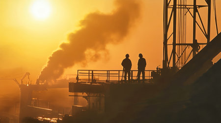 Two silhouettes of oil workers are seen on a drilling rig at dawn, with smoke rising and sunbeams breaking through the morning haze.の素材