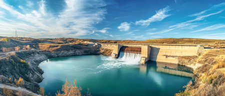 Aerial perspective showcasing a large dam releasing water into a serene lake surrounded by natural beauty under a bright blue sky.の素材