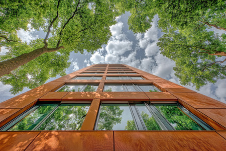 A tall office building with glass windows is framed by lush trees under a dynamic cloudy sky, highlighting sustainability.の素材