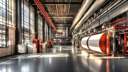 An industrial printing house showcases advanced machines and large rolls of paper, all illuminated by bright natural light.の素材