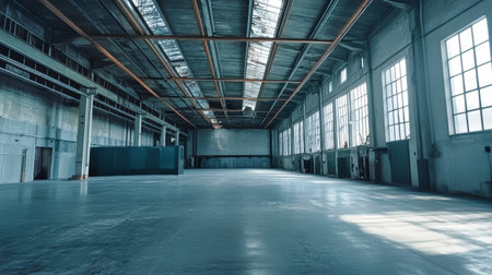 An expansive and empty warehouse features a sleek concrete floor and tall ceilings, perfect for showcasing products in an industrial setting.の素材
