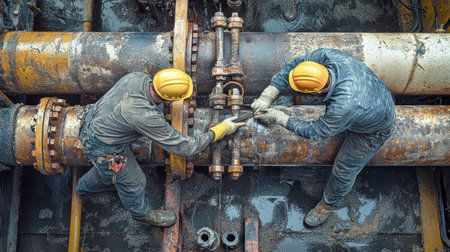 Two engineers in overalls and hard hats fix large industrial pipes at a gas facility focused on urgent repairs.の素材