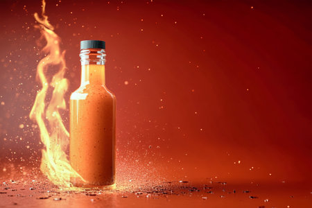 A vibrant glass bottle of hot sauce surrounded by dynamic flames on a striking red backdrop, ideal for standout promotional materials.の素材