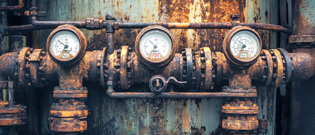 Detailed view of an industrial pressure vessel featuring gauges and weathered pipes that showcase engineering intricacies and age.の素材