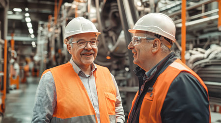 Two middle-aged engineers engage in conversation while overseeing factory operations, wearing safety gear in a vibrant setting.の素材