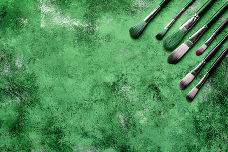 Various art brushes are neatly arranged against a vibrant green backdrop, ready for creative projects and artistic expression.の素材