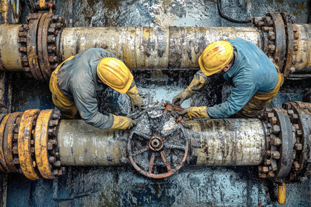 Two engineers in yellow hard hats are diligently repairing large industrial pipes in a gas facility.の素材