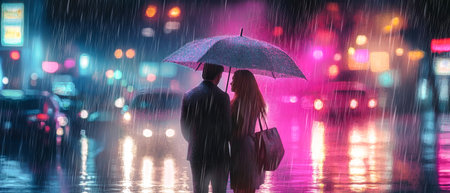 A couple embraces under an umbrella, enjoying the cozy atmosphere of a rainy night in the city, illuminated by vibrant light reflections.の素材