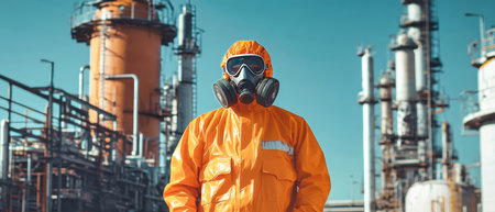 A man dressed in protective gear surveys the area near a chemical plant, working diligently to ensure safety in a hazardous environment.の素材