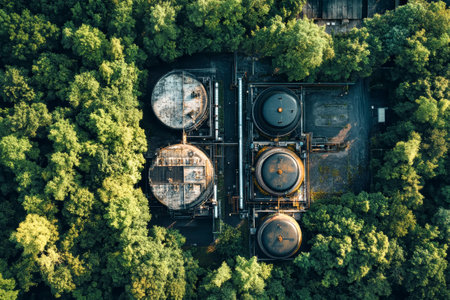 Aerial view of a green energy facility with large gas tanks surrounded by lush greenery, showcasing sustainable industry.の素材