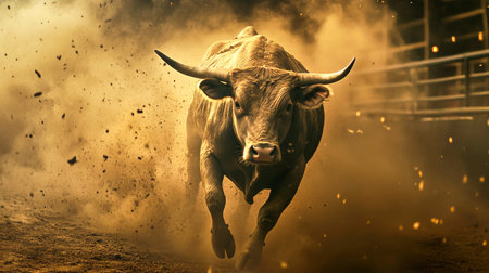 The bull charges through the arena, kicking up dust as dramatic lighting enhances the intensity of the moment.の素材